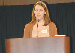 Brebeuf Jesuit Preparatory School senior Sarah Pottratz of Indianapolis presents her award-winning pro-life speech during the “Celebrate Life” dinner on Sept. 14 at the Indiana Convention Center in Indianapolis. She received a standing ovation from 950 people attending the 24th annual Right to Life of Indianapolis fundraiser. Her speech won first place in the organization’s annual oratory contest for high school students. Sarah is a member of Our Lady of the Most Holy Rosary Parish in Indianapolis. (Photo by Mary Ann Wyand) 