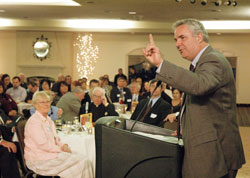 Marcus Grodi, the host of EWTN’s “The Journey Home” and “Deep in Scripture,” speaks about how parents can keep their children Catholic during the sixth annual Catholic Radio Dinner, a fundraising dinner for WSPM, Catholic Radio Indy 89.1 FM. About 250 people attended the April 8 event. (Photo by Sean Gallagher)