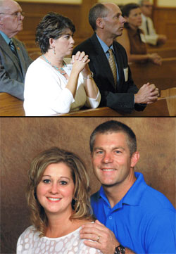 Top: Barbara and Donald Horan kneel in prayer on Aug. 25, 2010, at St. Roch Church in Indianapolis during a Mass for members of the archdiocese’s Miter Society. (File photo by Sean Gallagher) Bottom: Denise and Stephen Butz. (Submitted photo)