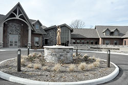 A statue of St. Francis of Assisi marks the entrance of Franciscan Hospice House in Indianapolis on Jan. 6. (Photo by Sean Gallagher)